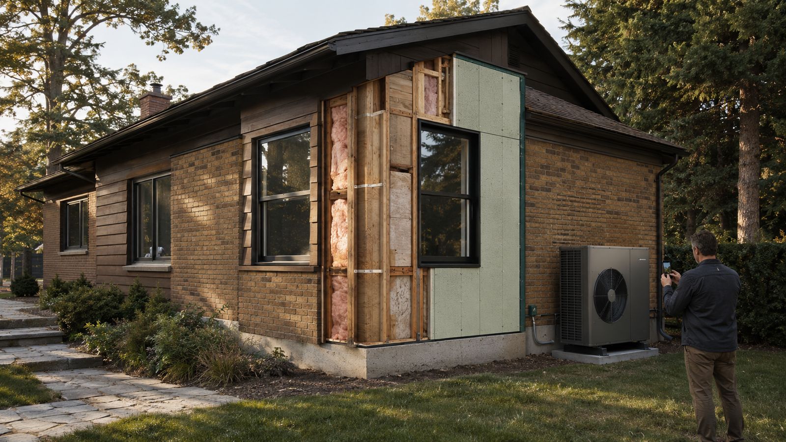 A homeowner photographing a heat pump beside a house with a section of its wall construction exposed.