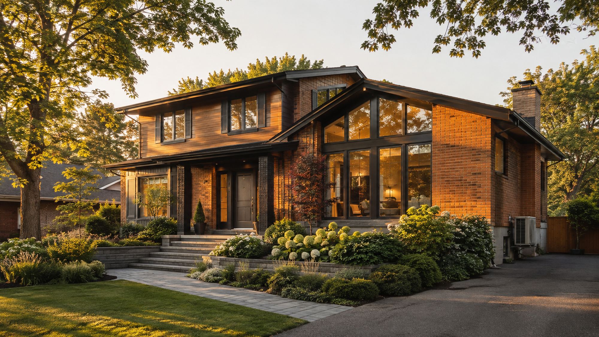 A brick and timber home at golden hour, mature trees and established planting, an outdoor heat pump beside the driveway.