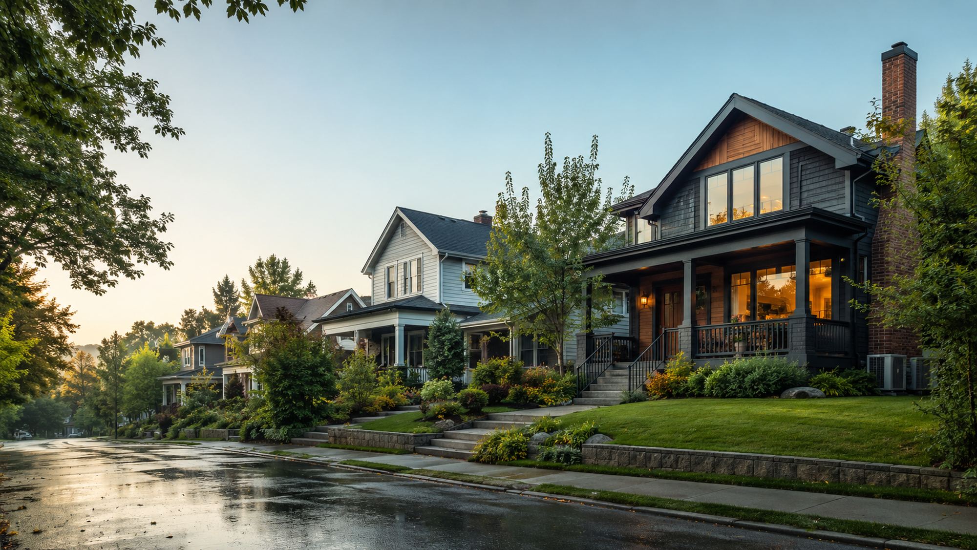 A residential street of established homes on a wet morning, mature trees along the sidewalk.