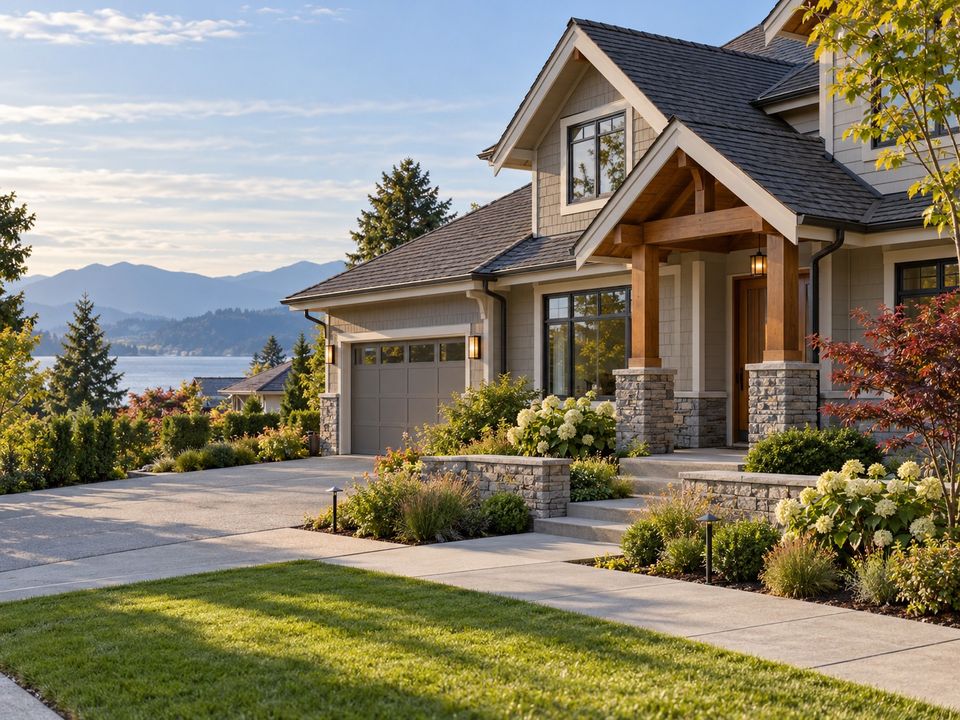 A detached house with a timber and stone entrance, a lawn and planted beds.