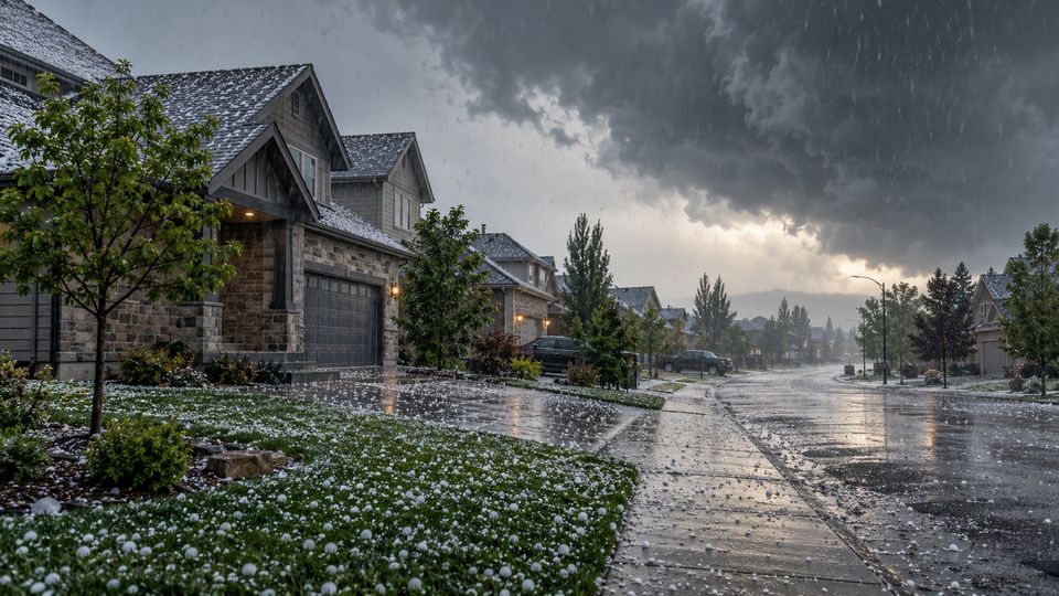 Hailstones scattered across a lawn and a wet street under dark storm clouds.