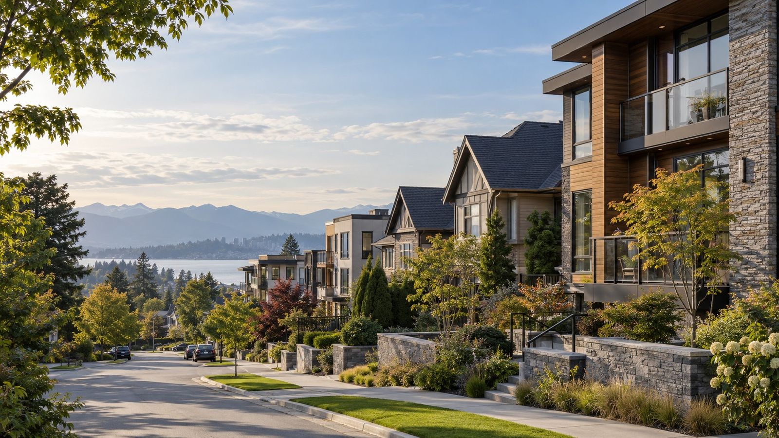 A residential street of houses and low-rise homes leading down toward a lake in late afternoon light.