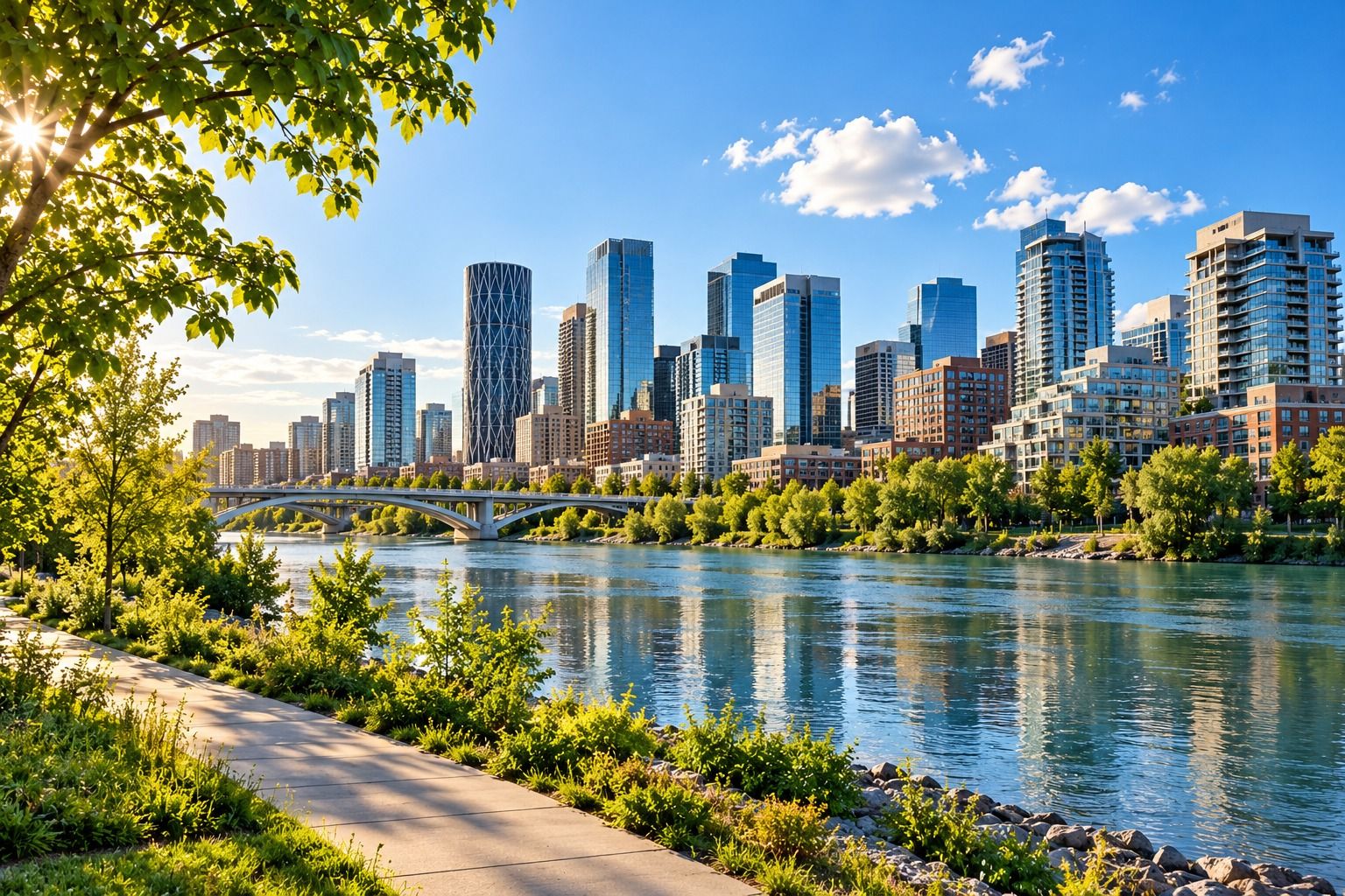 A riverside path with trees beside a river, a bridge and downtown towers on a bright summer day.