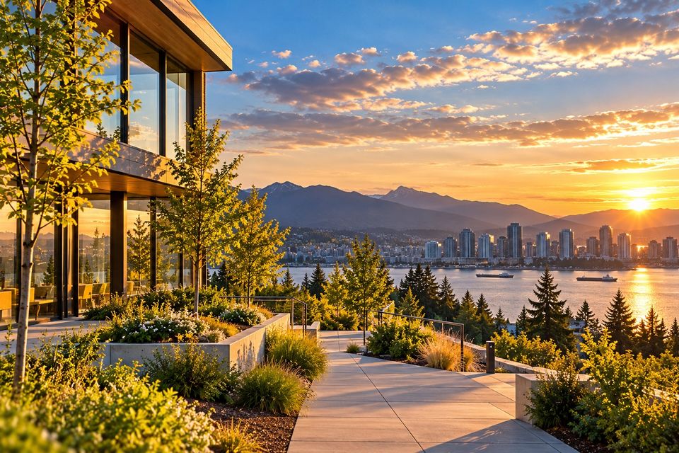 A planted terrace of a modern glass building overlooking a harbour, a city and mountains at sunset.