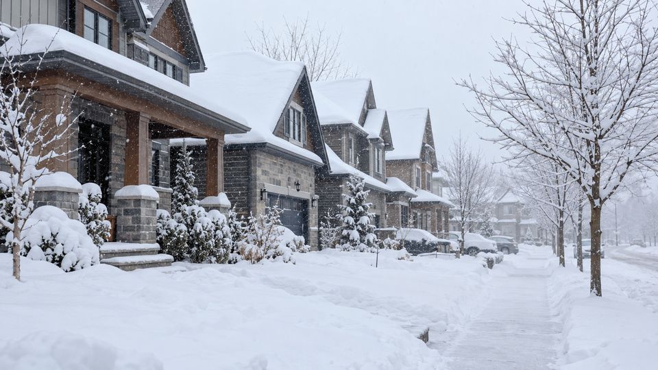 Houses along a snow-covered street during steady snowfall.
