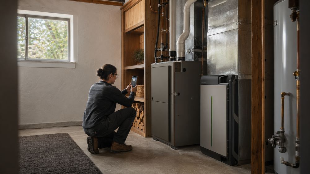 A residential mechanical room with a furnace and hot water tank.
