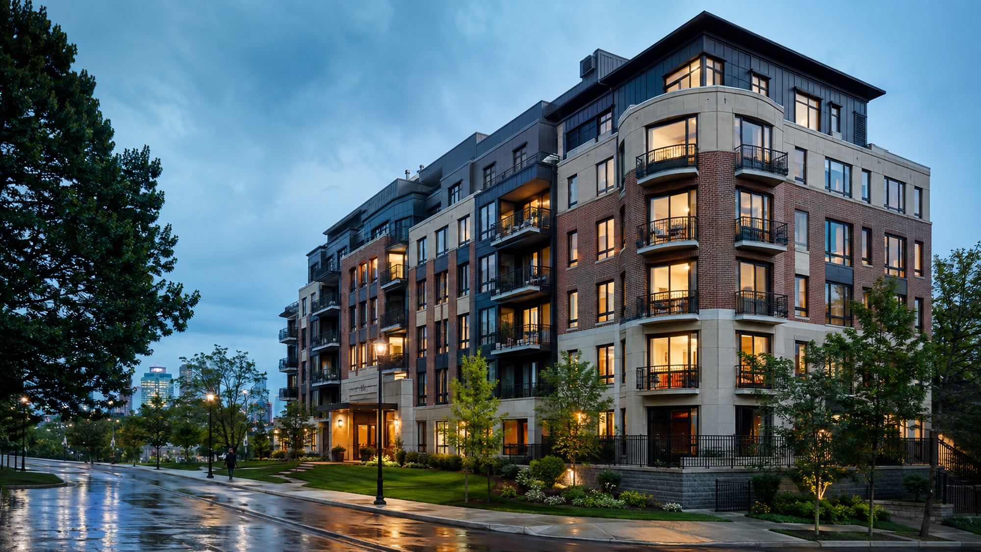A mid-rise residential building on a wet evening, lit windows across several storeys.
