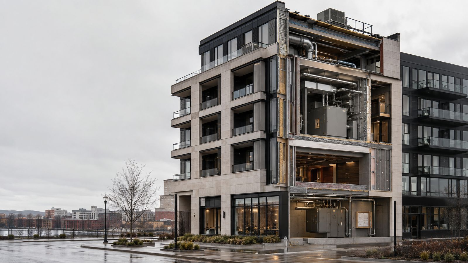 A multi-unit building with a section of its facade opened to show mechanical plant and services inside.