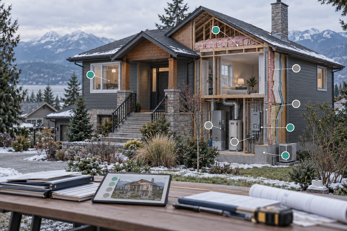 A house shown in cutaway with its systems marked: insulation, windows, furnace, water heater, panel and heat pump.