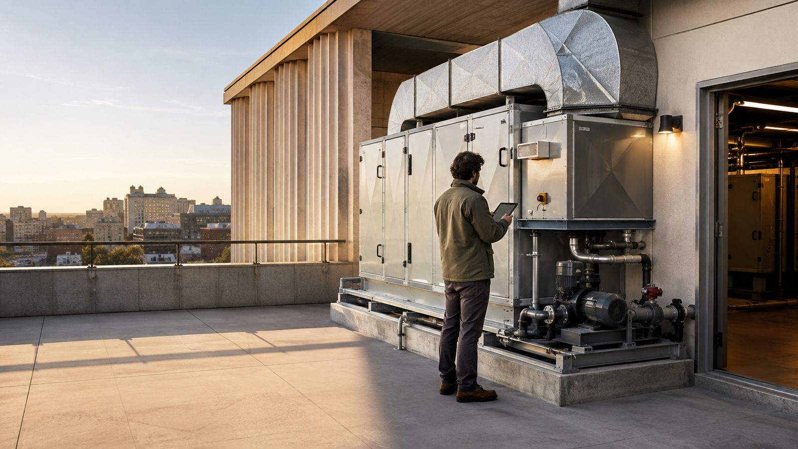 A worker recording equipment details at rooftop air handling plant above a city.